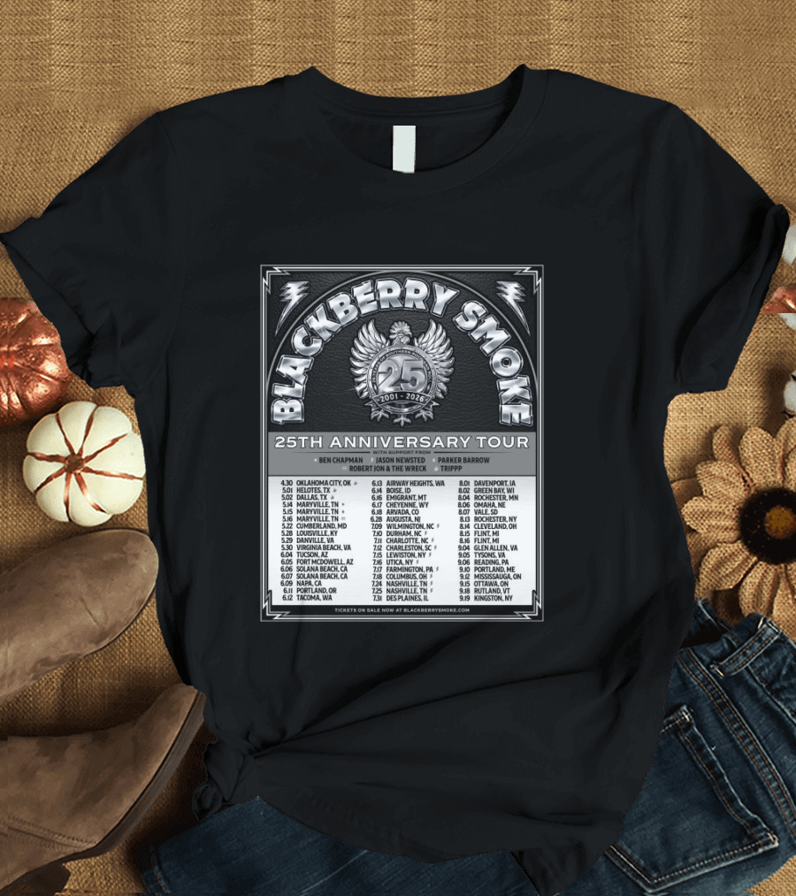 Blackberry Smoke 25th Anniversary Tour 2024 With Ben Chapman And Jason Newsted Featuring Parker Barrow And Robert Jon & The Wreck T-Shirt