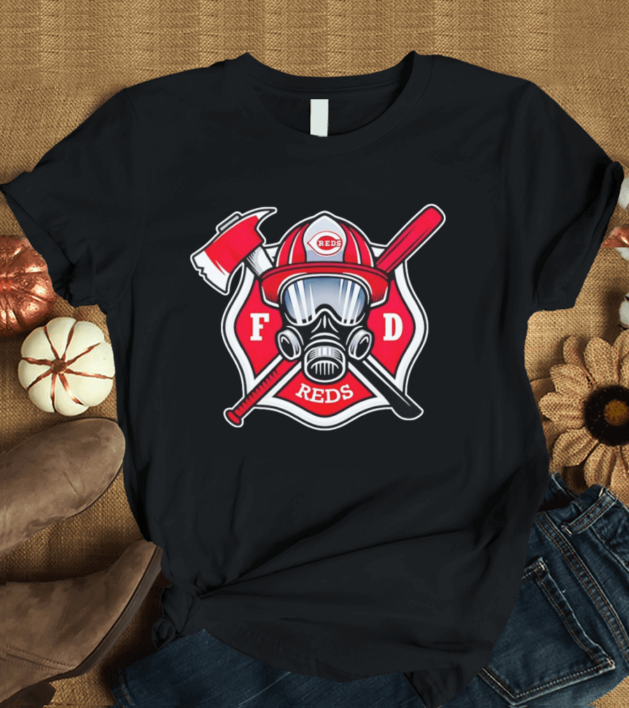 Cincinnati Reds FD Firefighter Helmet With Axe And Baseball Bat T-Shirt