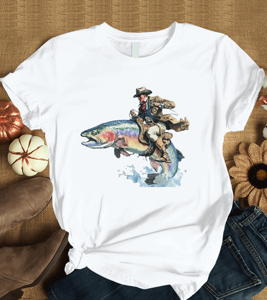 Cowboy Riding Rainbow Trout Adventure Scene T-Shirt