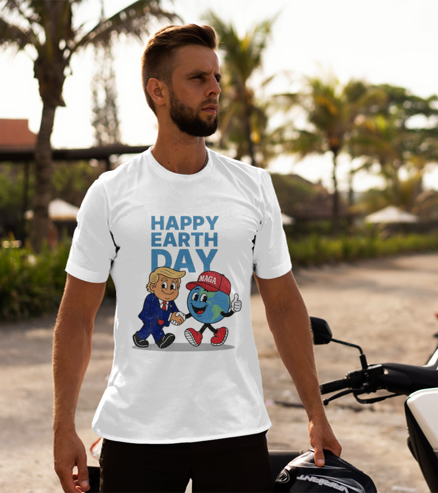 Happy Earth Day Trump MAGA Earth Cartoon Shaking Hands T-Shirt