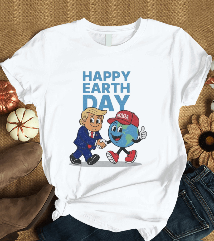 Happy Earth Day Trump MAGA Earth Cartoon Shaking Hands T-Shirt