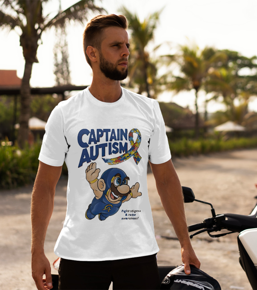 Captain Autism Super Mario Puzzle Ribbon Flying Awareness T-Shirt
