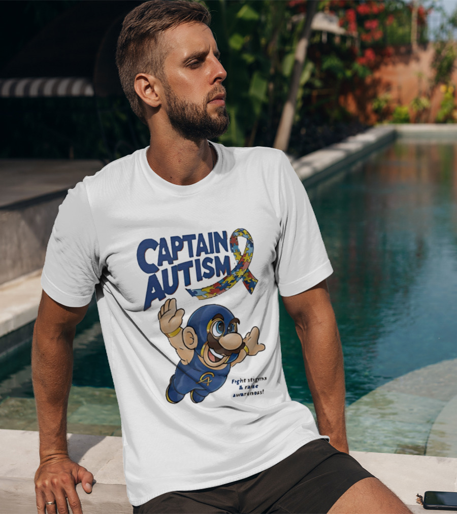 Captain Autism Super Mario Puzzle Ribbon Flying Awareness T-Shirt