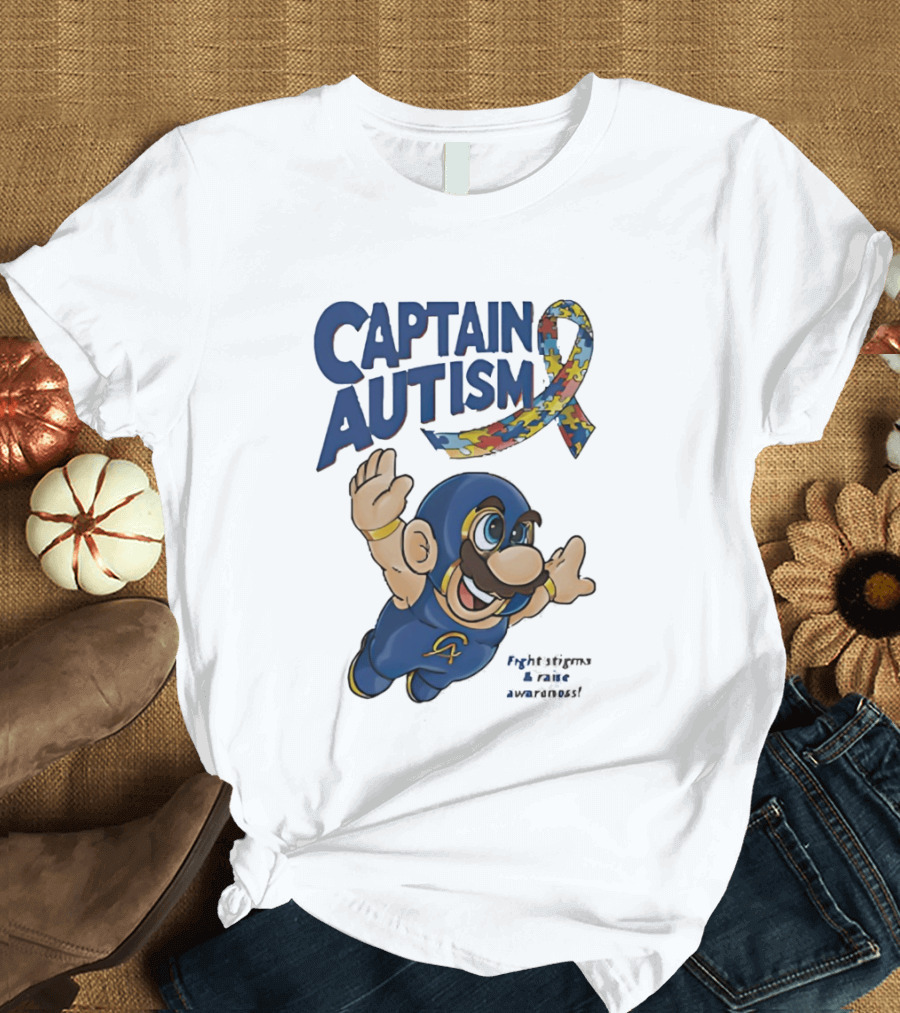 Captain Autism Super Mario Puzzle Ribbon Flying Awareness T-Shirt