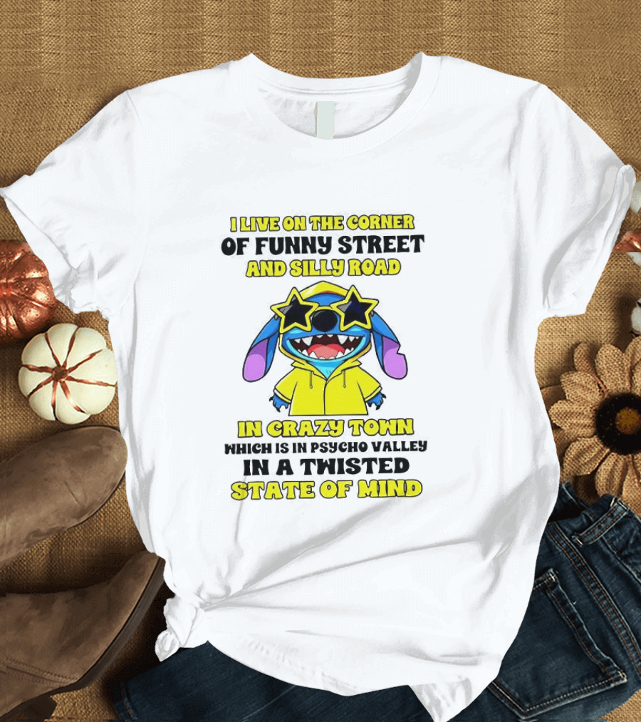 I Live On The Corner Of Funny Street And Silly Road In Crazy Town Twisted State Of Mind T-Shirt