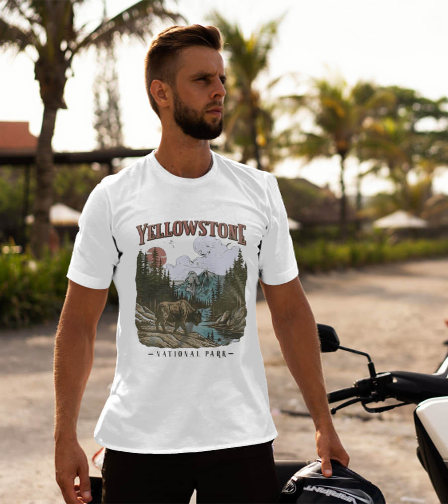 Yellowstone National Park Wild Buffalo By Stream Scenic Landscape T-Shirt