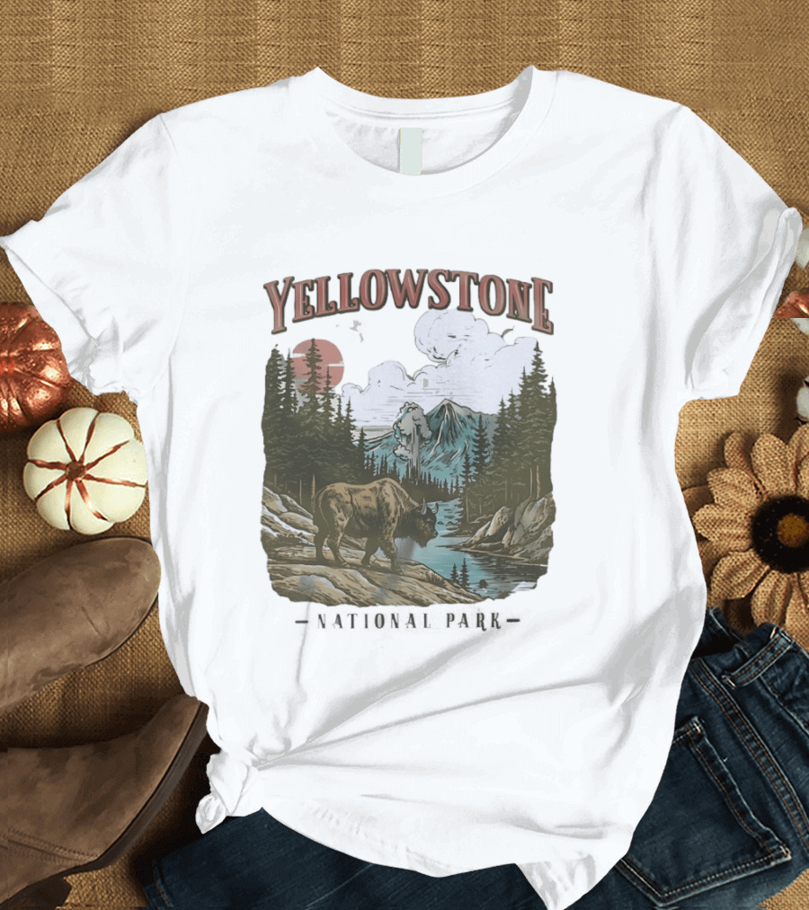 Yellowstone National Park Wild Buffalo By Stream Scenic Landscape T-Shirt