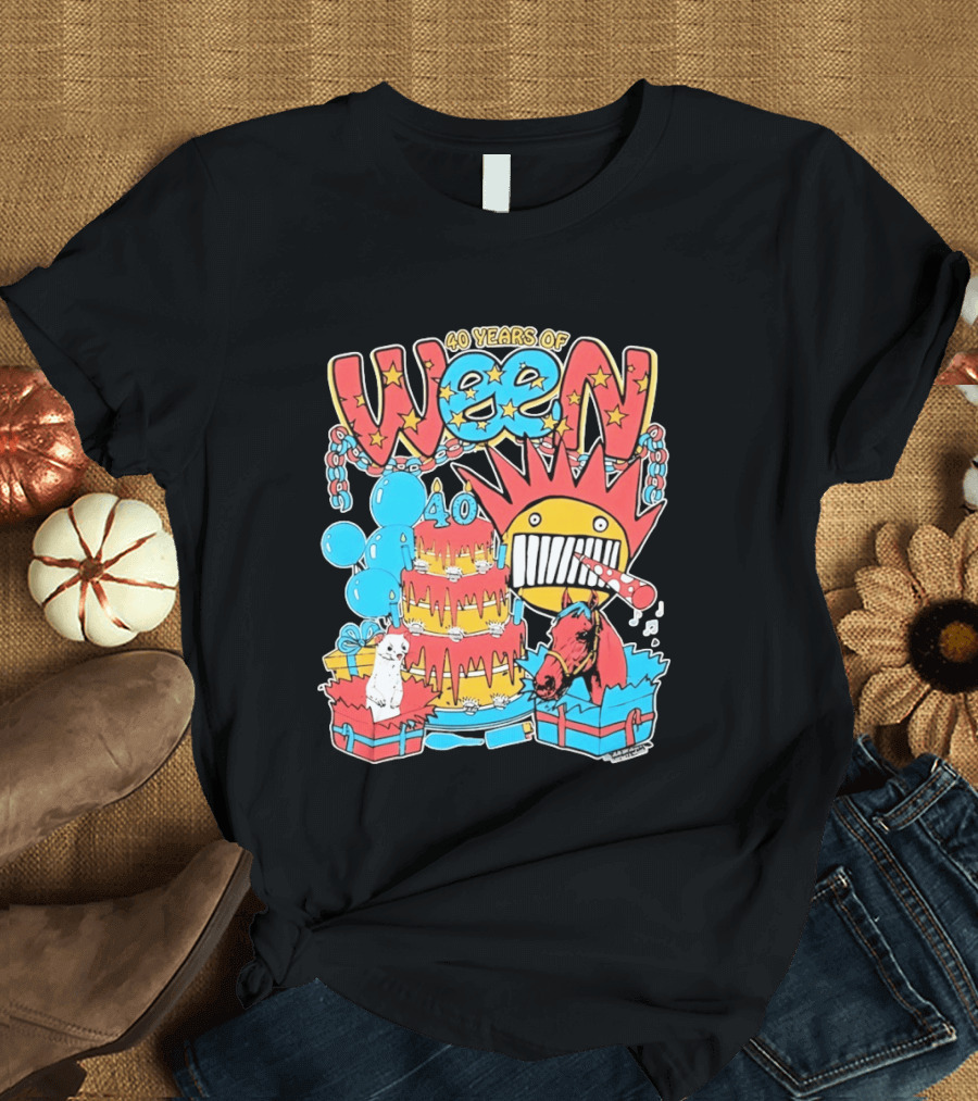 40 Years Of Ween Celebration Cake Balloons Dog Horse Black Sun Mask T-Shirt