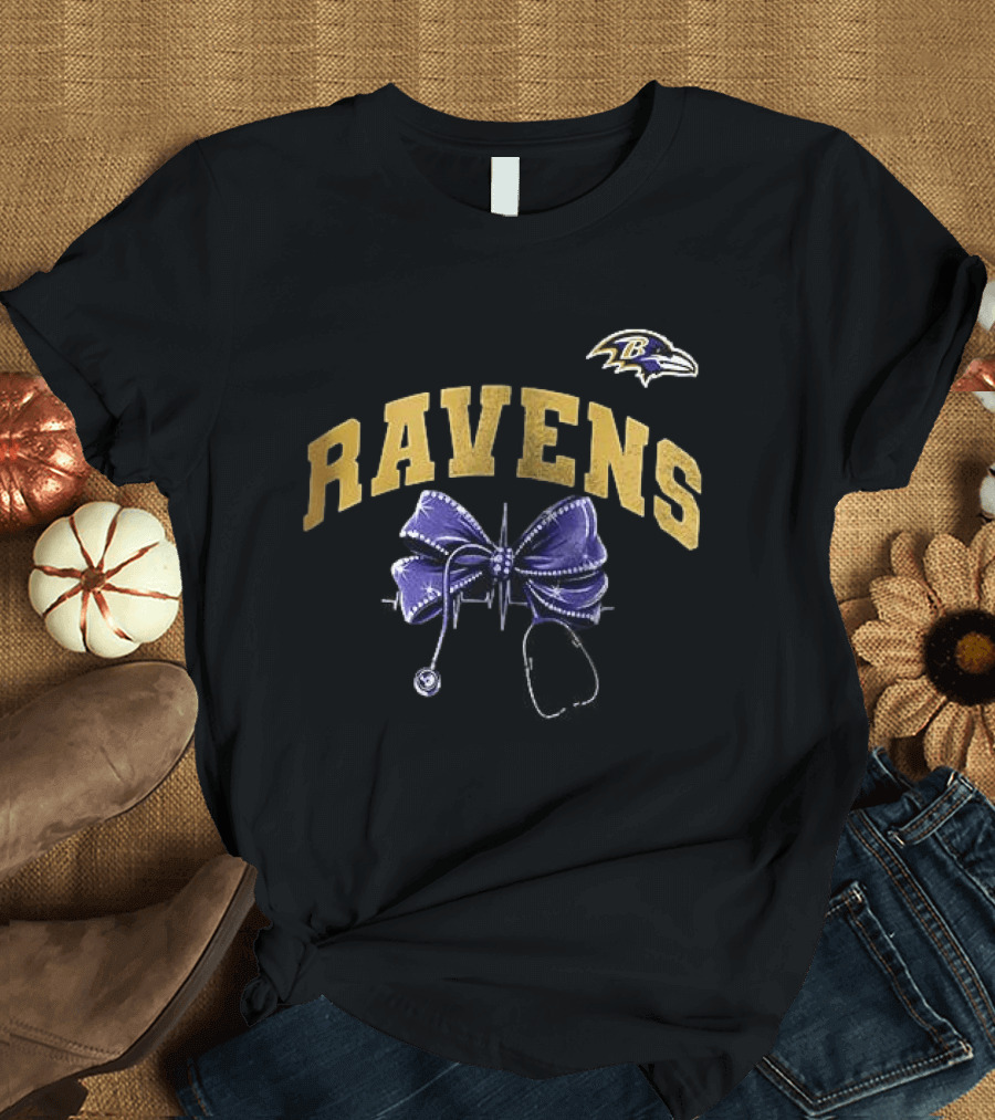 Baltimore Ravens Nurse By Heart By Soul Ravens Stethoscope Bow T-Shirt