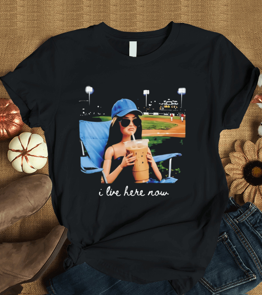 I Live Here Now Barbie Drink Coffee Baseball Stadium Scene T-Shirt