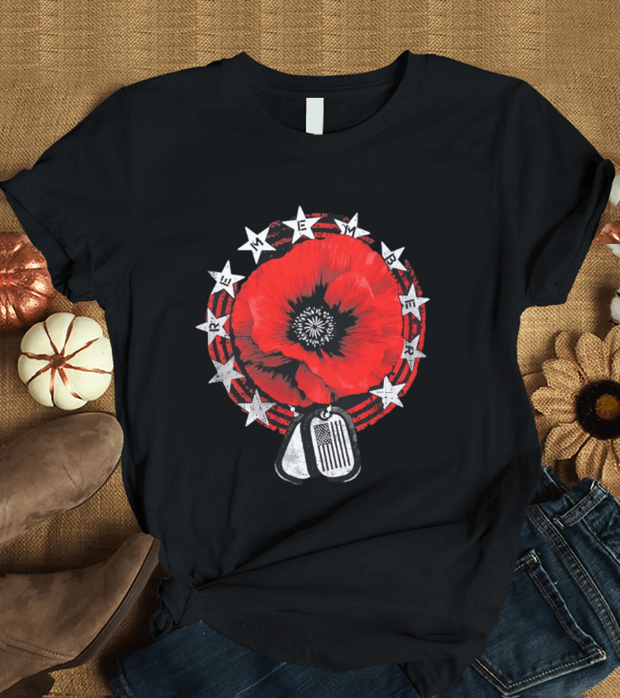 Remember Poppy 2026 American Flag Dog Tags Stars T-Shirt