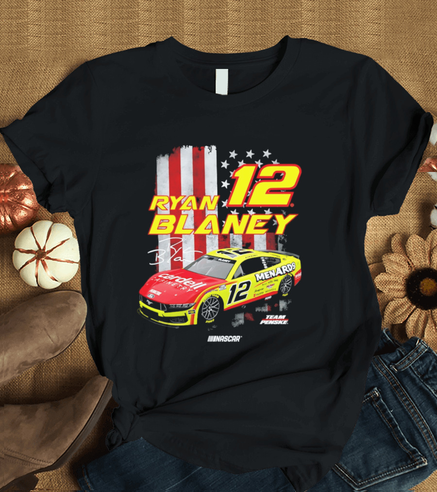 Ryan Blaney 12 Team Penske NASCAR American Flag Racing Car T-Shirt