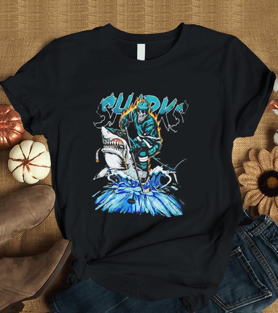 San Jose Sharks 90s Hockey Skull Flames Ice Shark Rider T-Shirt