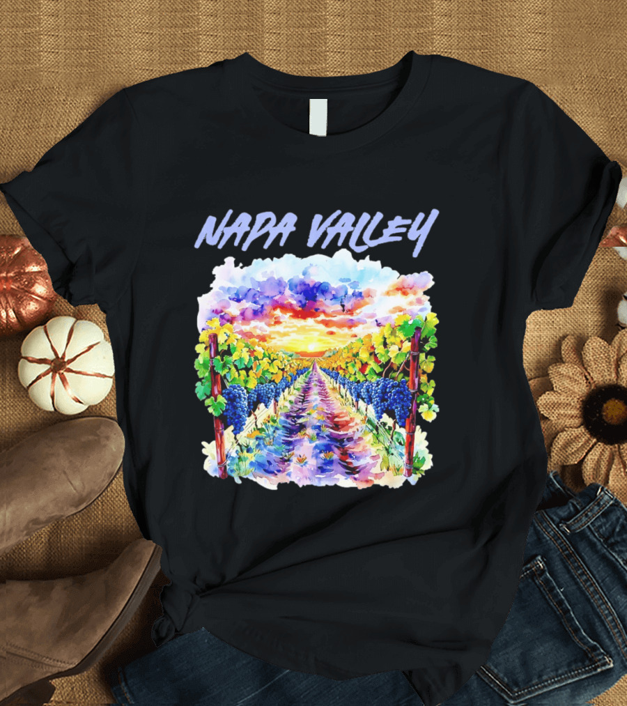 Napa Valley California Vineyard Scenic Sunset Watercolor Landscape T-Shirt