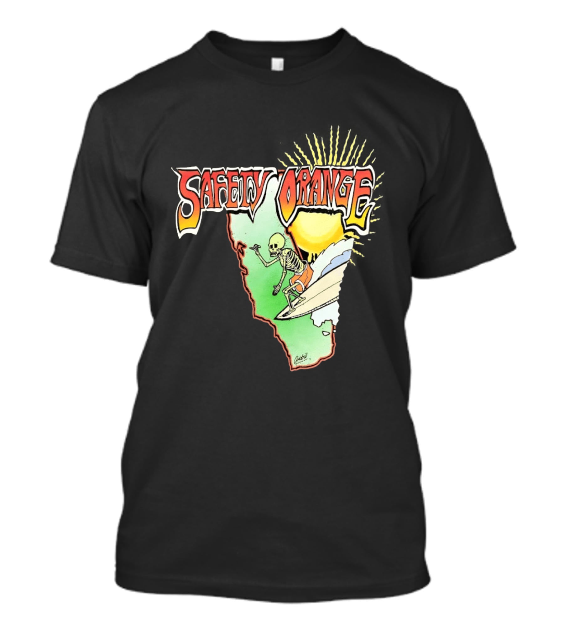 Safety Orange Skeleton Surfing Explosion Scene T-Shirt