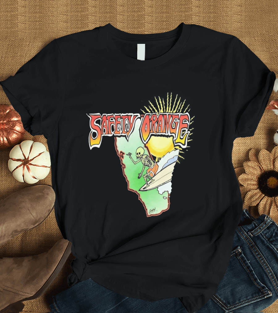 Safety Orange Skeleton Surfing Explosion Scene T-Shirt