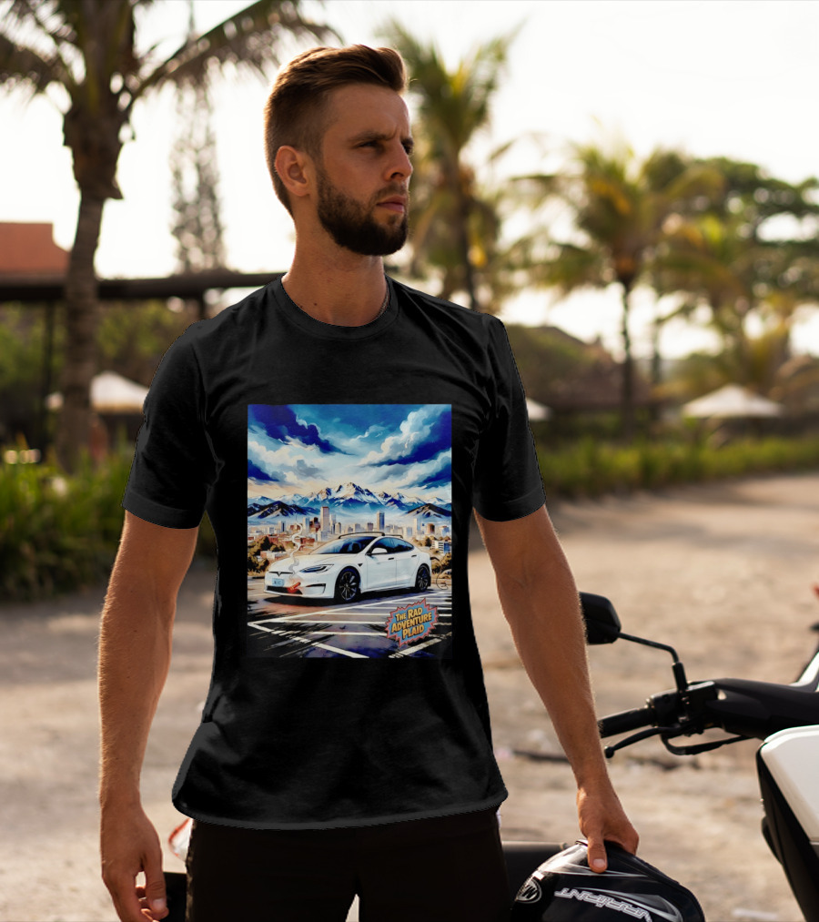 The Rad Adventure Plaid Electric Car Scenic Mountain Cityscape T-Shirt