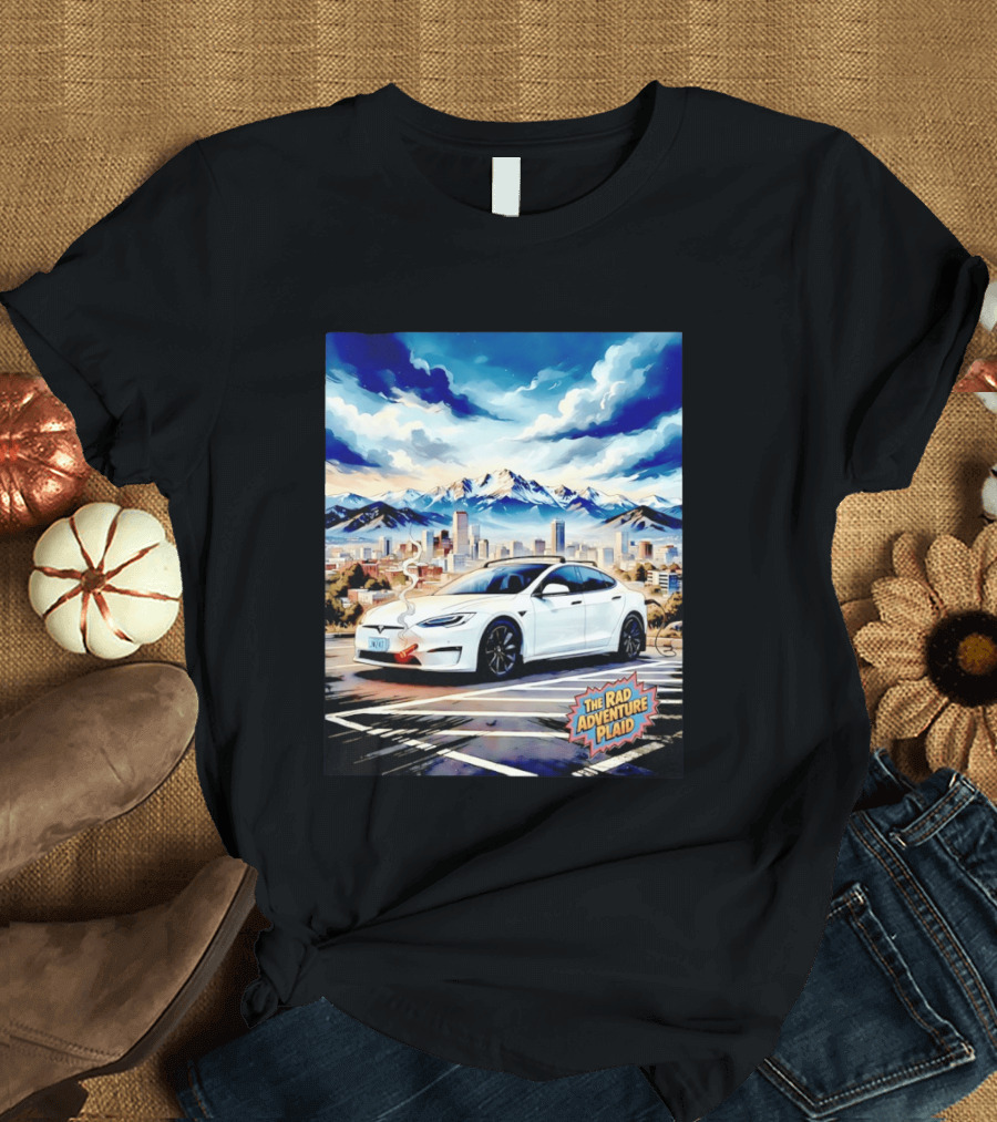 The Rad Adventure Plaid Electric Car Scenic Mountain Cityscape T-Shirt