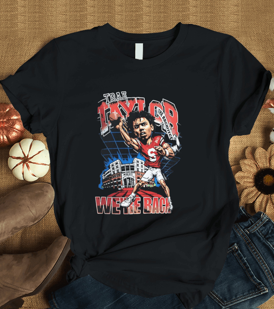 Trae Taylor Montana Grizzlies Football We're Back Red Quarterback Number 5 Stadium T-Shirt
