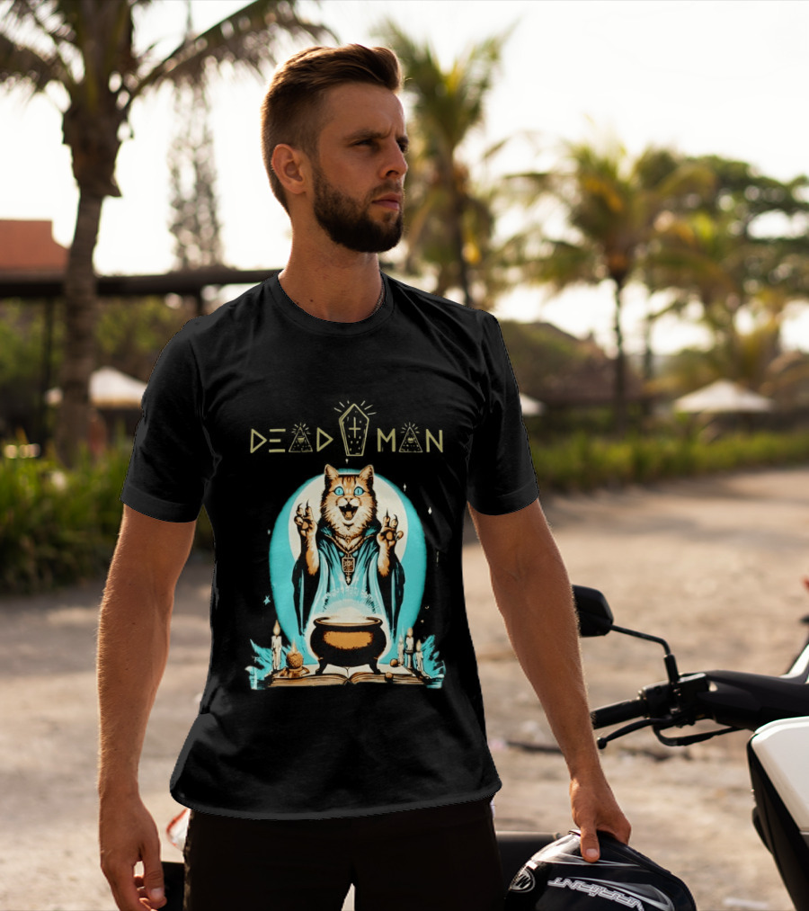 Wizard Cat Casting Spell With Cauldron And Candles Dead Man T-Shirt
