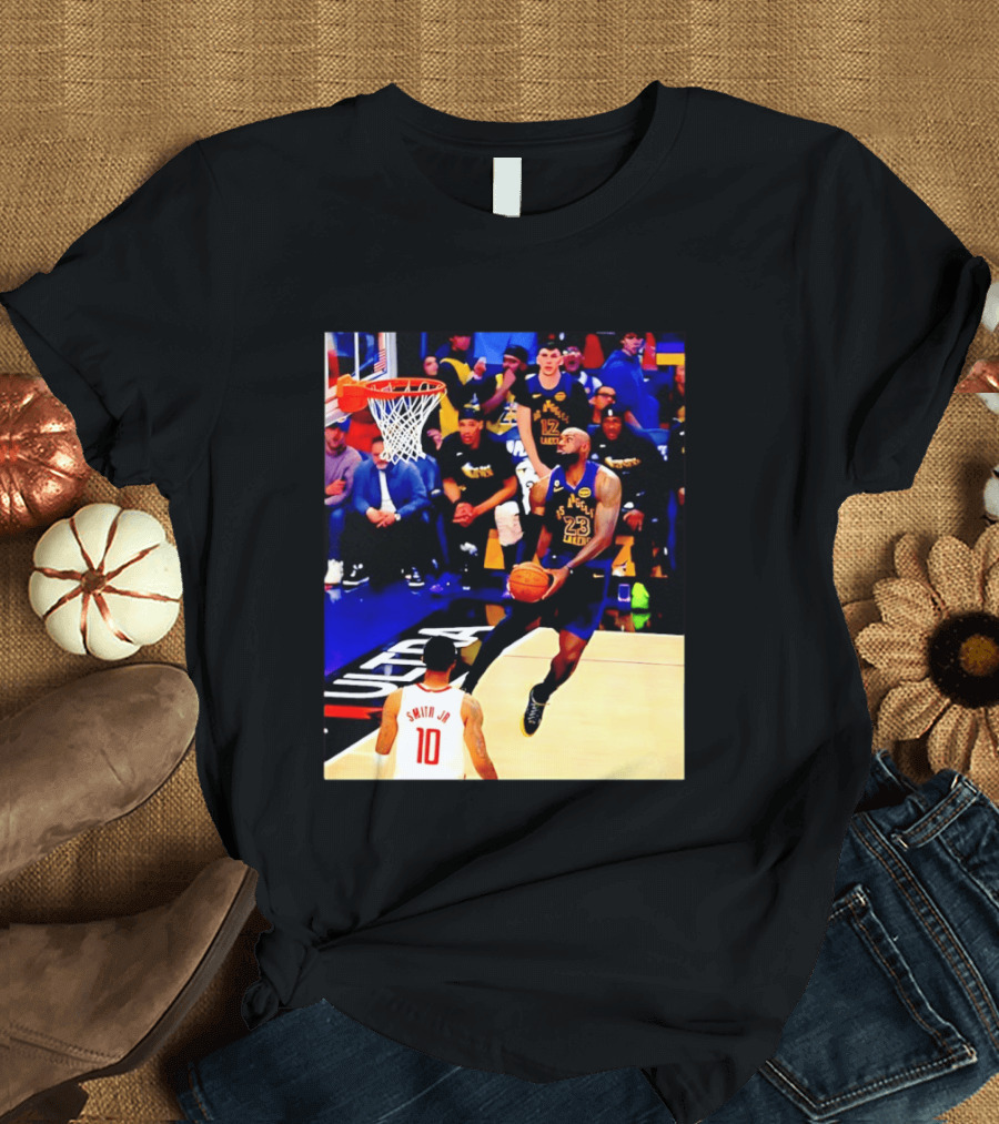 LeBron James Los Angeles Lakers Dunking Action Photo T-Shirt