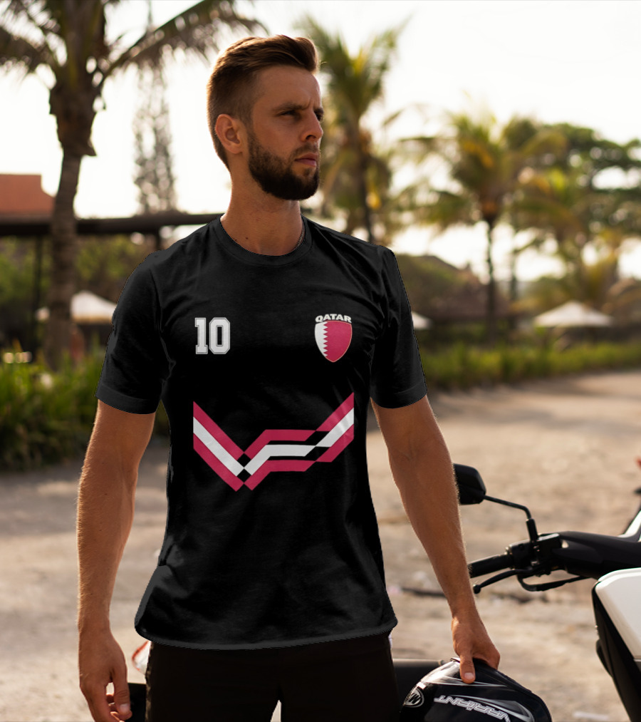 Akram Afif Qatar 10 Soccer Badge Red Chevron T-Shirt
