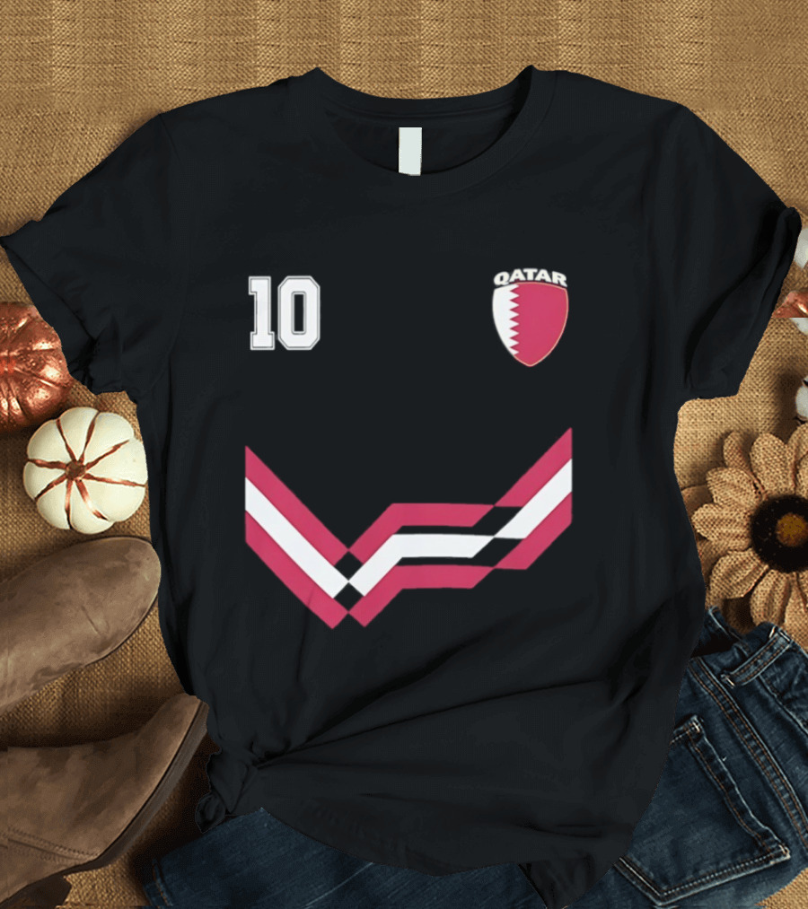 Akram Afif Qatar 10 Soccer Badge Red Chevron T-Shirt