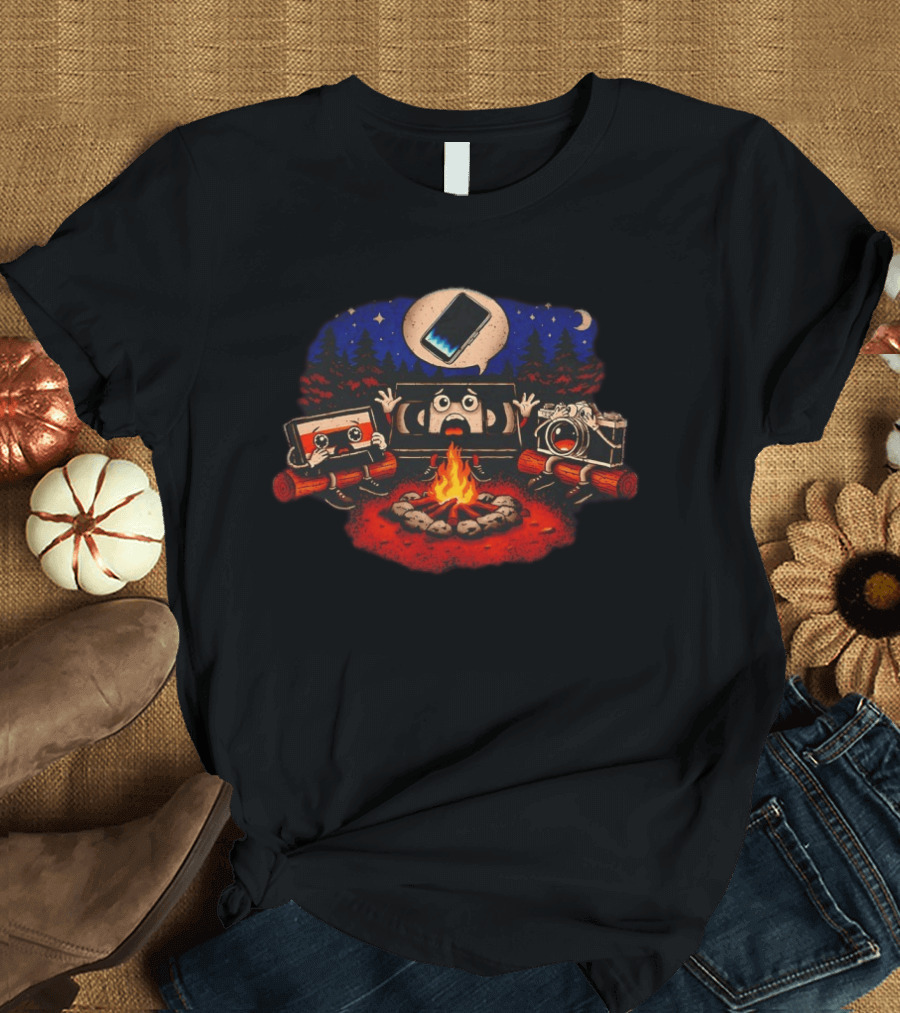Analog Friends Tape Camera TV Scary Campfire Smartphone Story Night T-Shirt