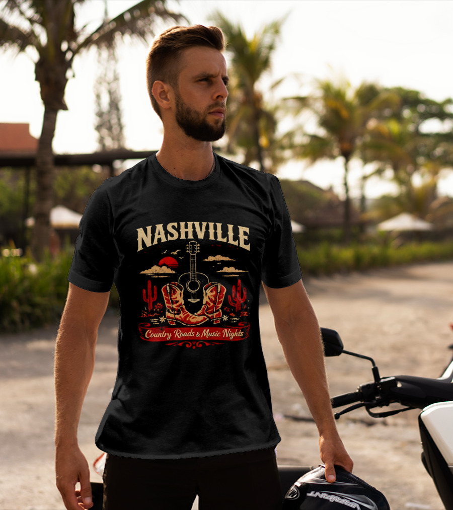 Nashville Country Roads Music Nights Boots Guitar Desert Cactus Moon Clouds T-Shirt