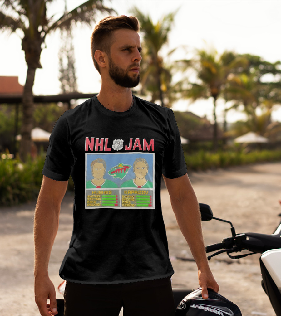 NHL Jam Hughes Kaprizov Minnesota Wild Skating Shooting Deke Checking T-Shirt