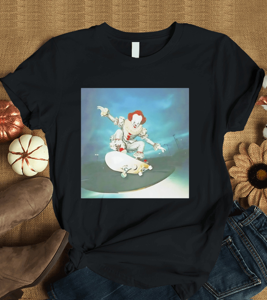 Pennywise Skateboard Night Scene Iconic Clown Performing Skateboarding Trick T-Shirt