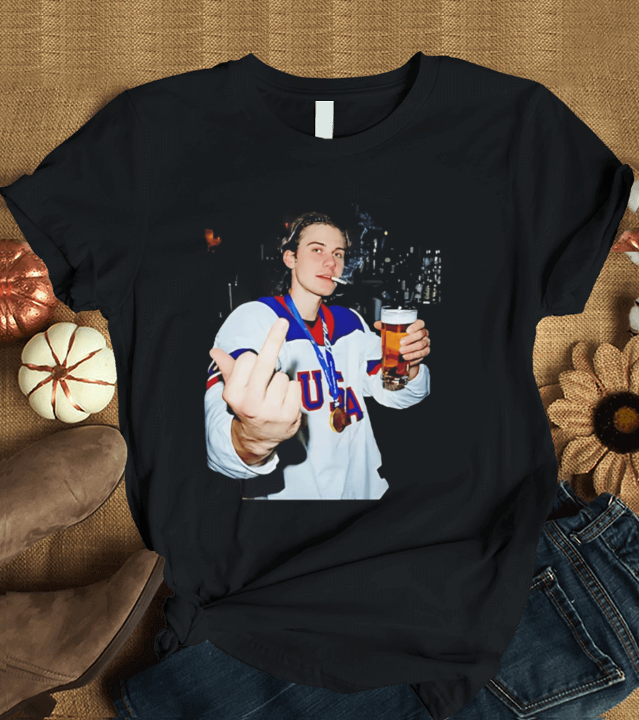 USA Hockey Player Victory Celebration Smoking Beer Middle Finger T-Shirt