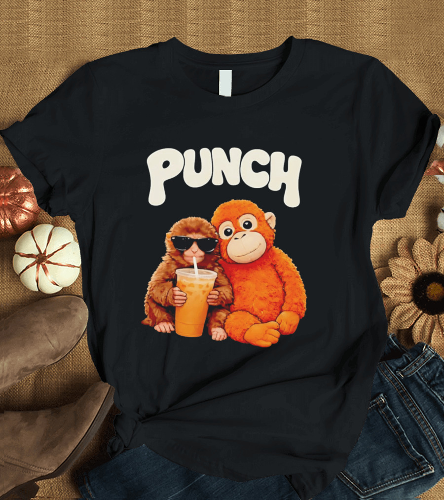 PUNCH Brown Monkey With Orange Plush And Iced Drink T-Shirt