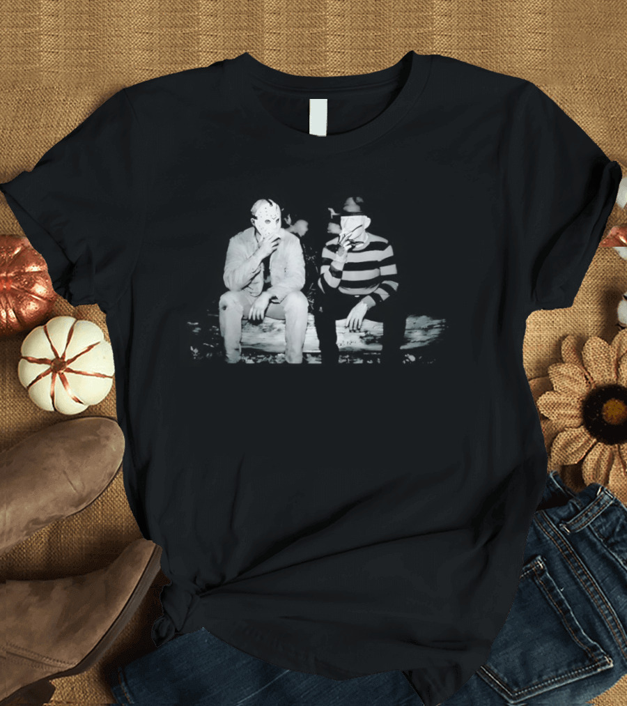 Jason Voorhees Freddy Krueger Smoking On Log Retro Horror Movie T-Shirt