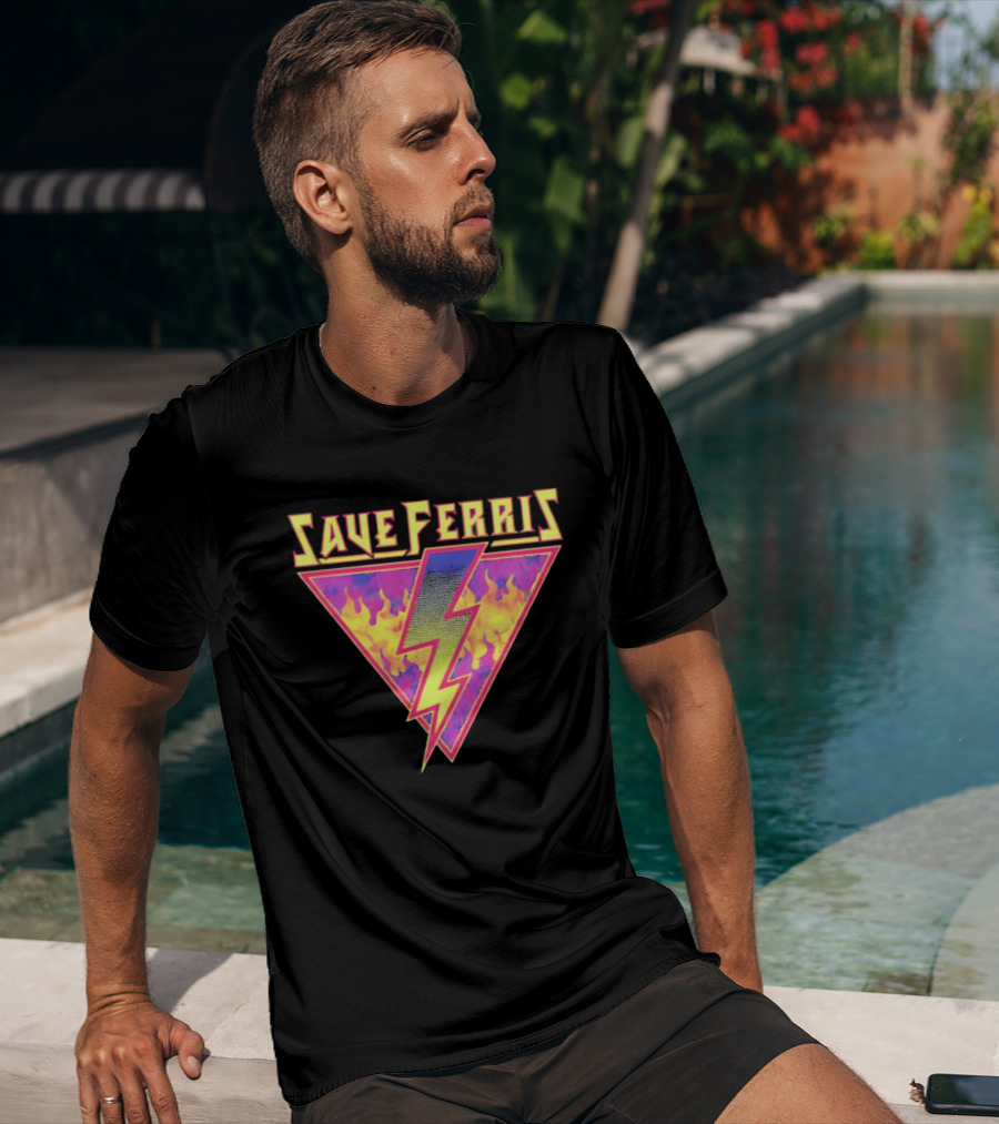 Save Ferris Lightning Bolt Retro 80s Flames T-Shirt