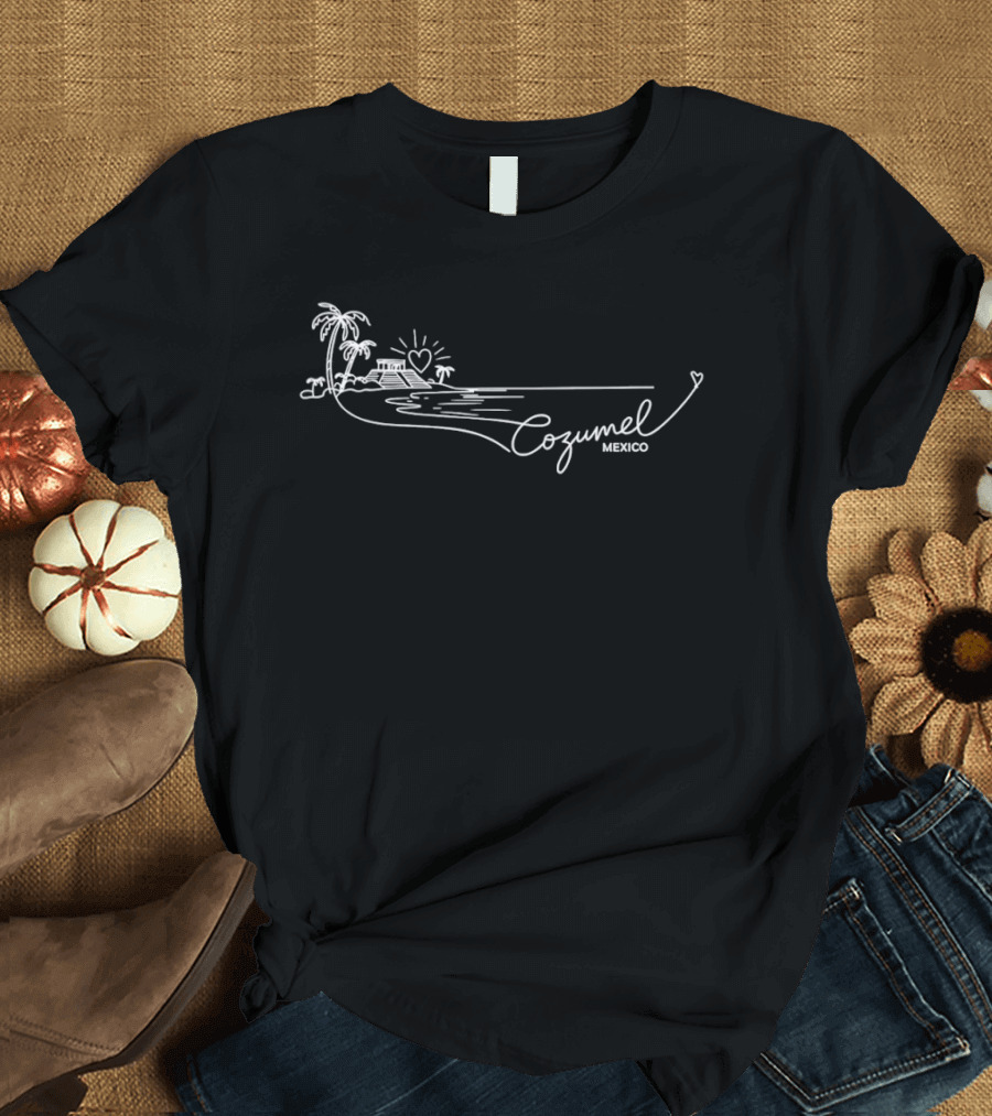Cozumel Mexico Beach Palm Trees Heart Sun Ocean Scene T-Shirt