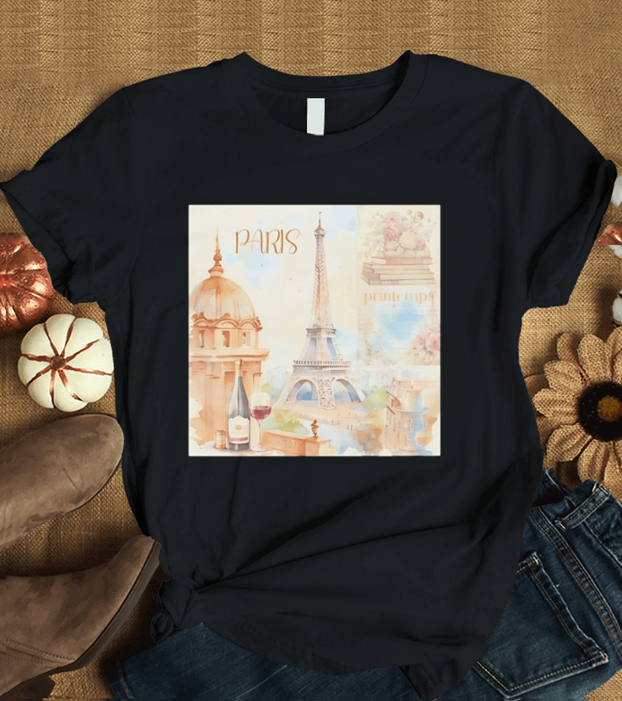 Paris Printemps Eiffel Tower Wine Flowers Books T-Shirt