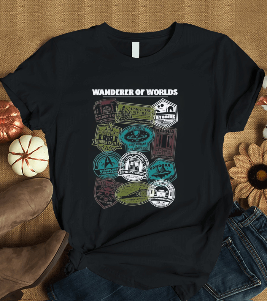 Wanderer Of Worlds Travelers Interdimensional Passport Stamps Portal Adventures T-Shirt