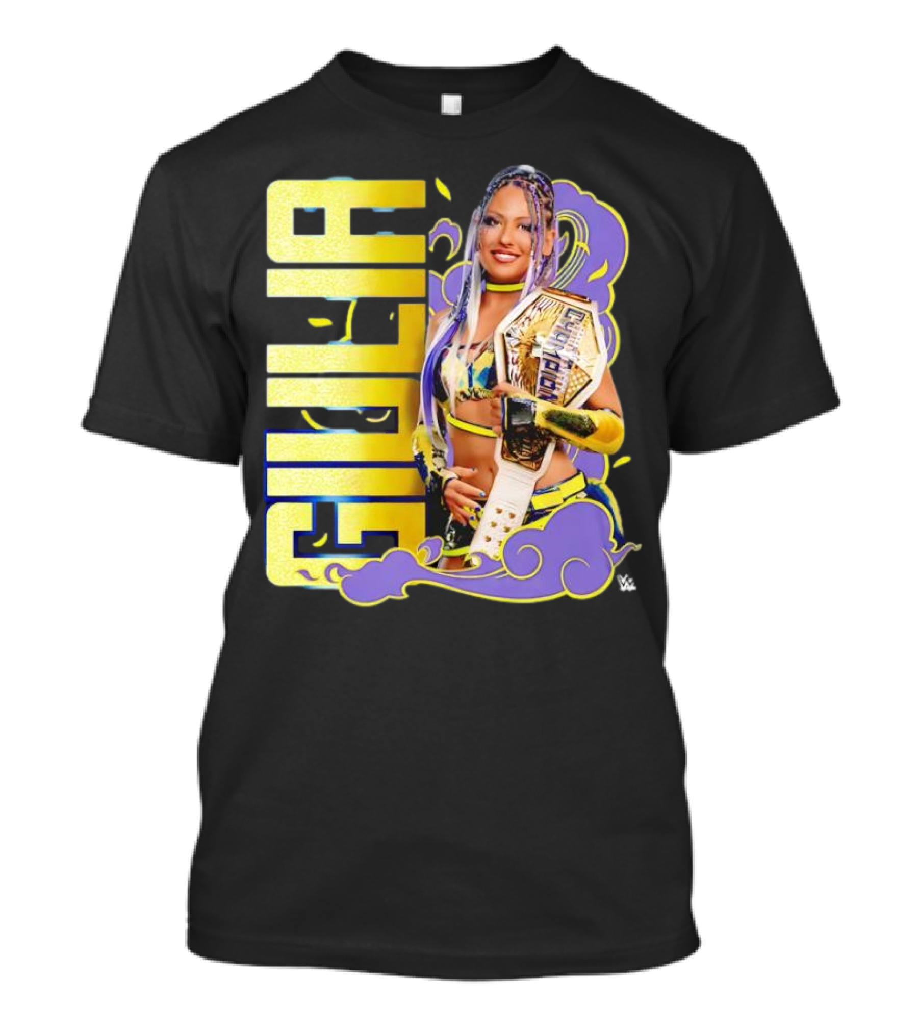 Giulia Smoke Champion Wrestling Character With Belt And Yellow Purple Accents T-Shirt