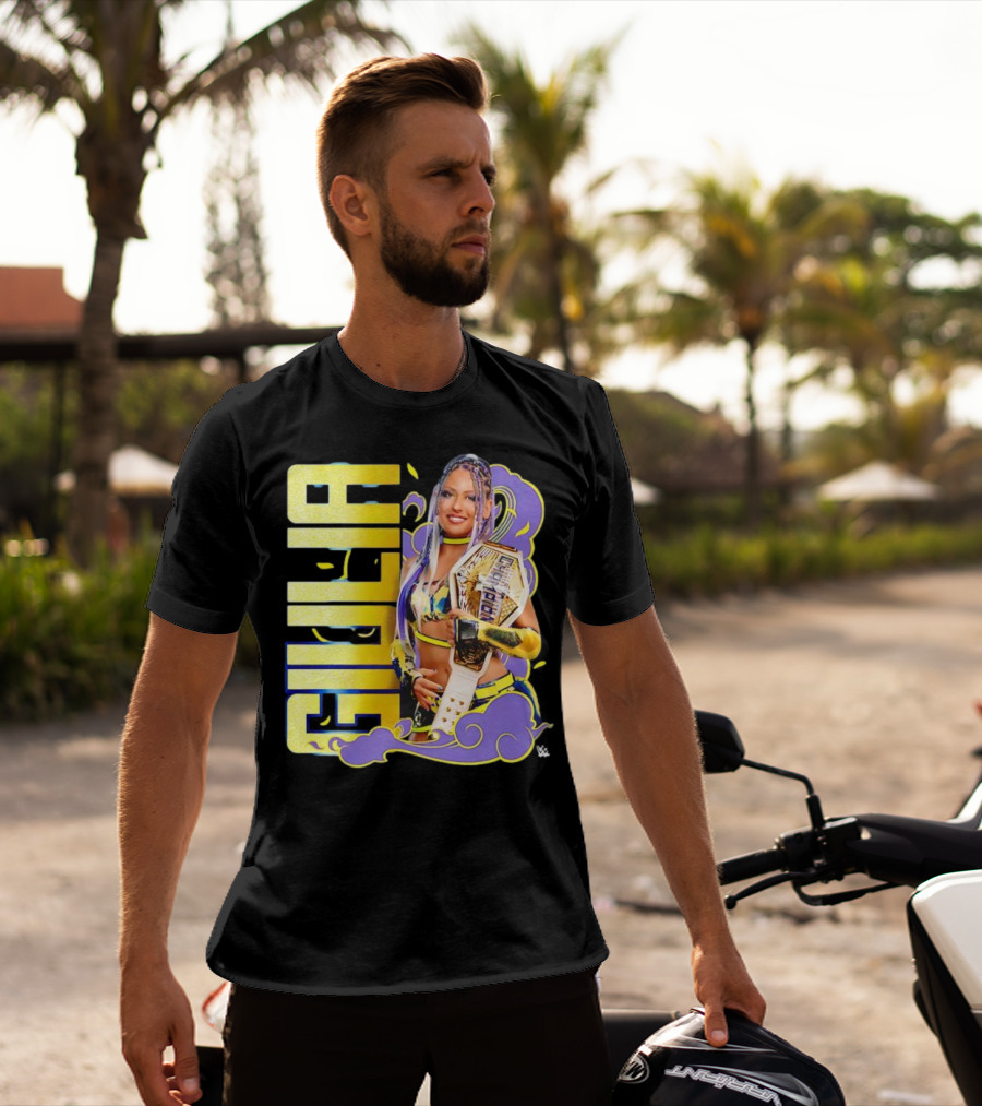 Giulia Smoke Champion Wrestling Character With Belt And Yellow Purple Accents T-Shirt