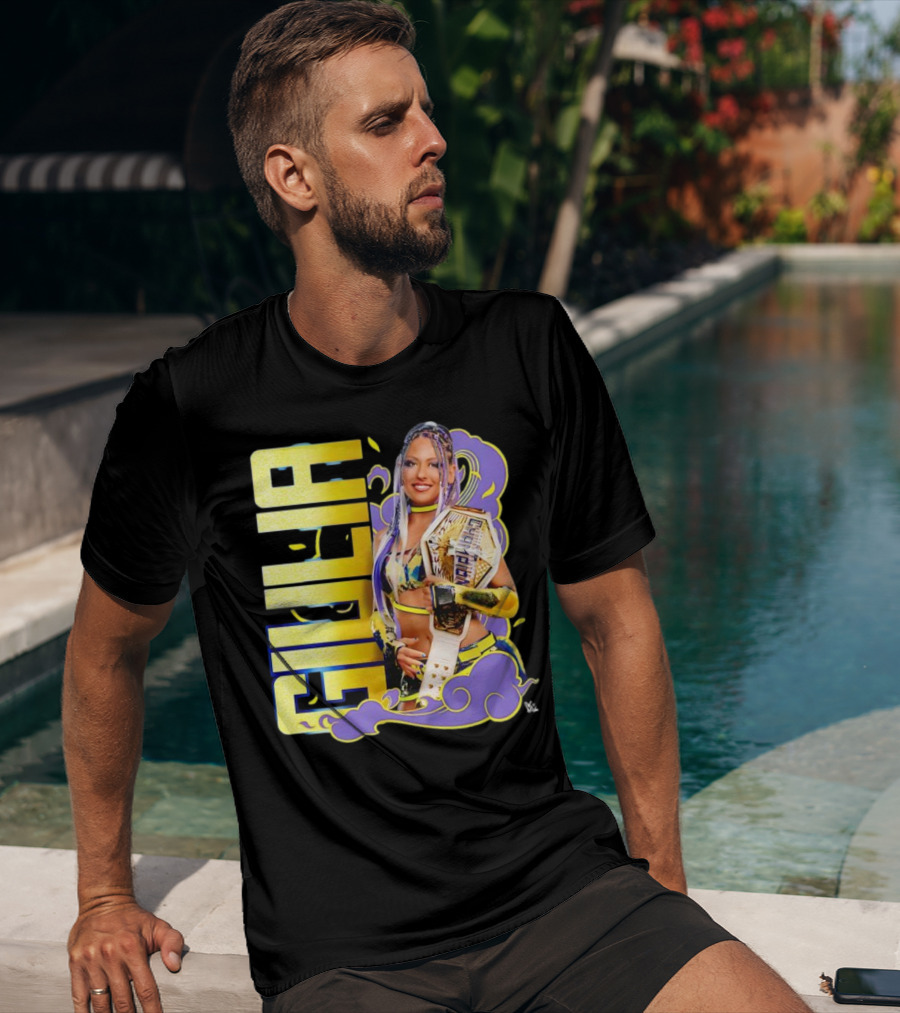 Giulia Smoke Champion Wrestling Character With Belt And Yellow Purple Accents T-Shirt