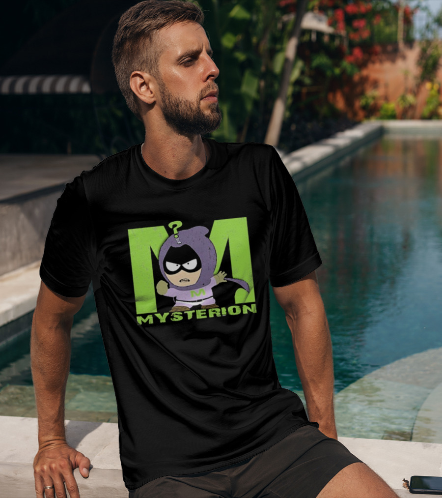 South Park Mysterion Character Pose With Green M Logo T-Shirt