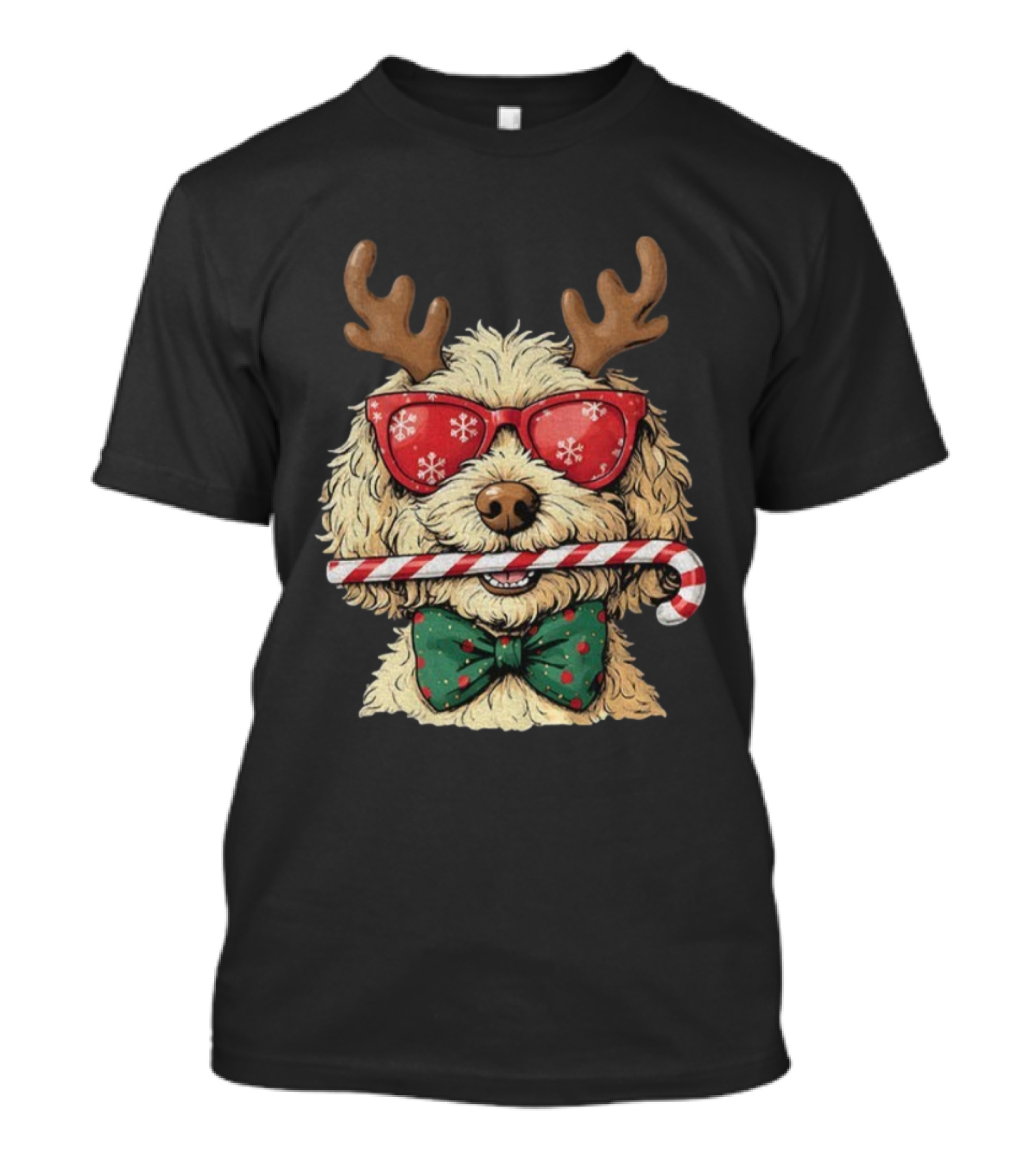 Goldendoodle Reindeer Antlers Candy Cane Snowflake Sunglasses Christmas Bow Tie T-Shirt
