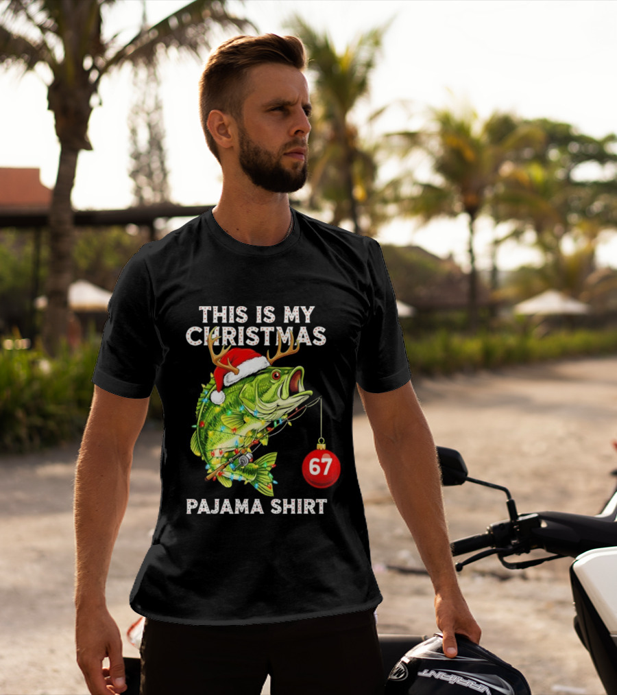 This Is My Christmas Pajama Bass Fish Santa Hat Lights Reindeer Antlers 67 Ornament T-Shirt