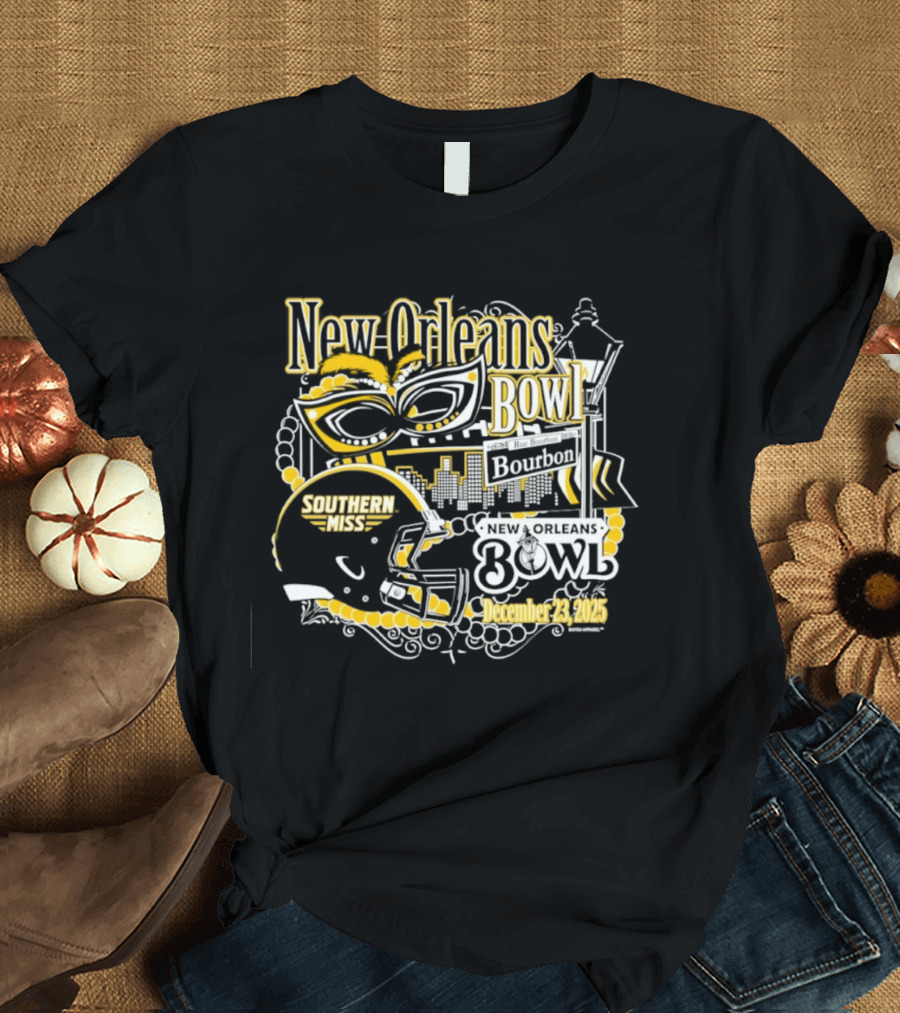 Southern Miss Golden Eagles New Orleans Bowl December 23 2025 Bourbon Street Helmet Mardi Gras Beads Skyline T-Shirt