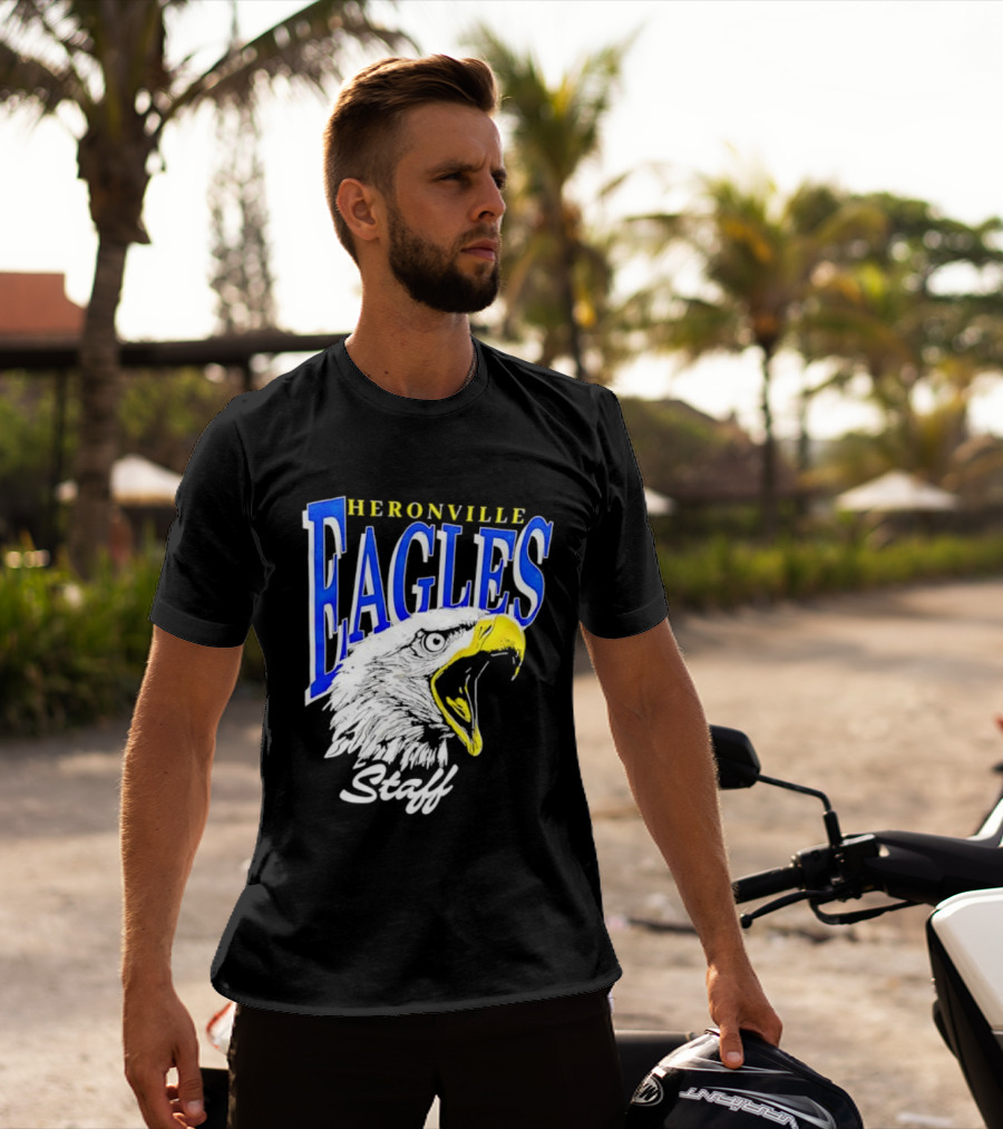 Heronville Eagles Staff Blue Bold Text White Eagle Design T-Shirt