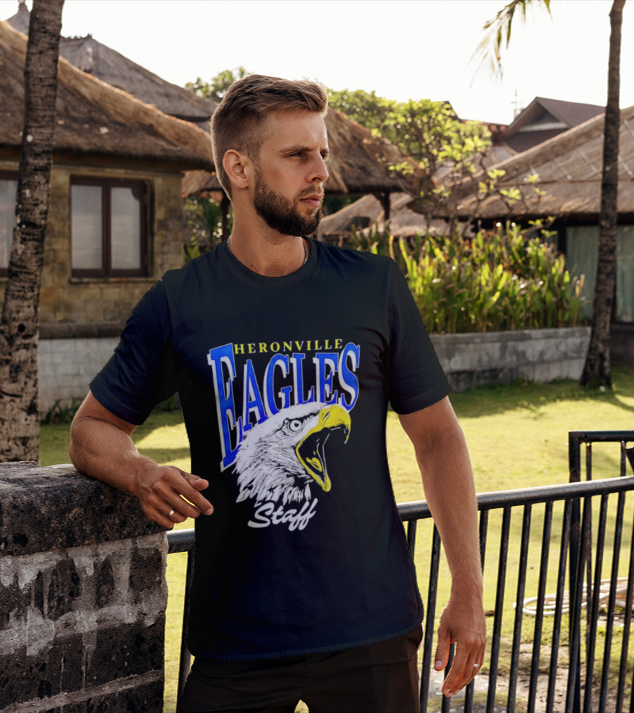 Heronville Eagles Staff Blue Bold Text White Eagle Design T-Shirt