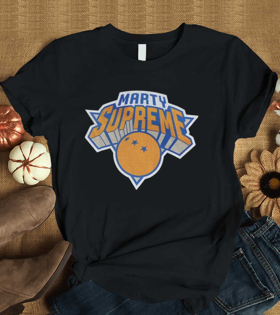 Marty Supreme New York Knicks Inspired Graphics Orange Blue Basketball T-Shirt