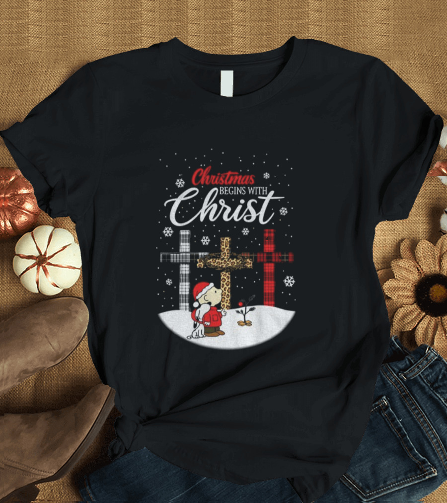 Christmas Begins With Christ Snoopy Charlie Brown Holiday Snow Scene T-Shirt