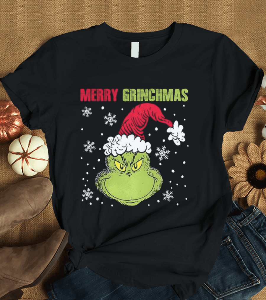 Merry Grinchmas Grinch Head Santa Hat Christmas Snowflakes T-Shirt